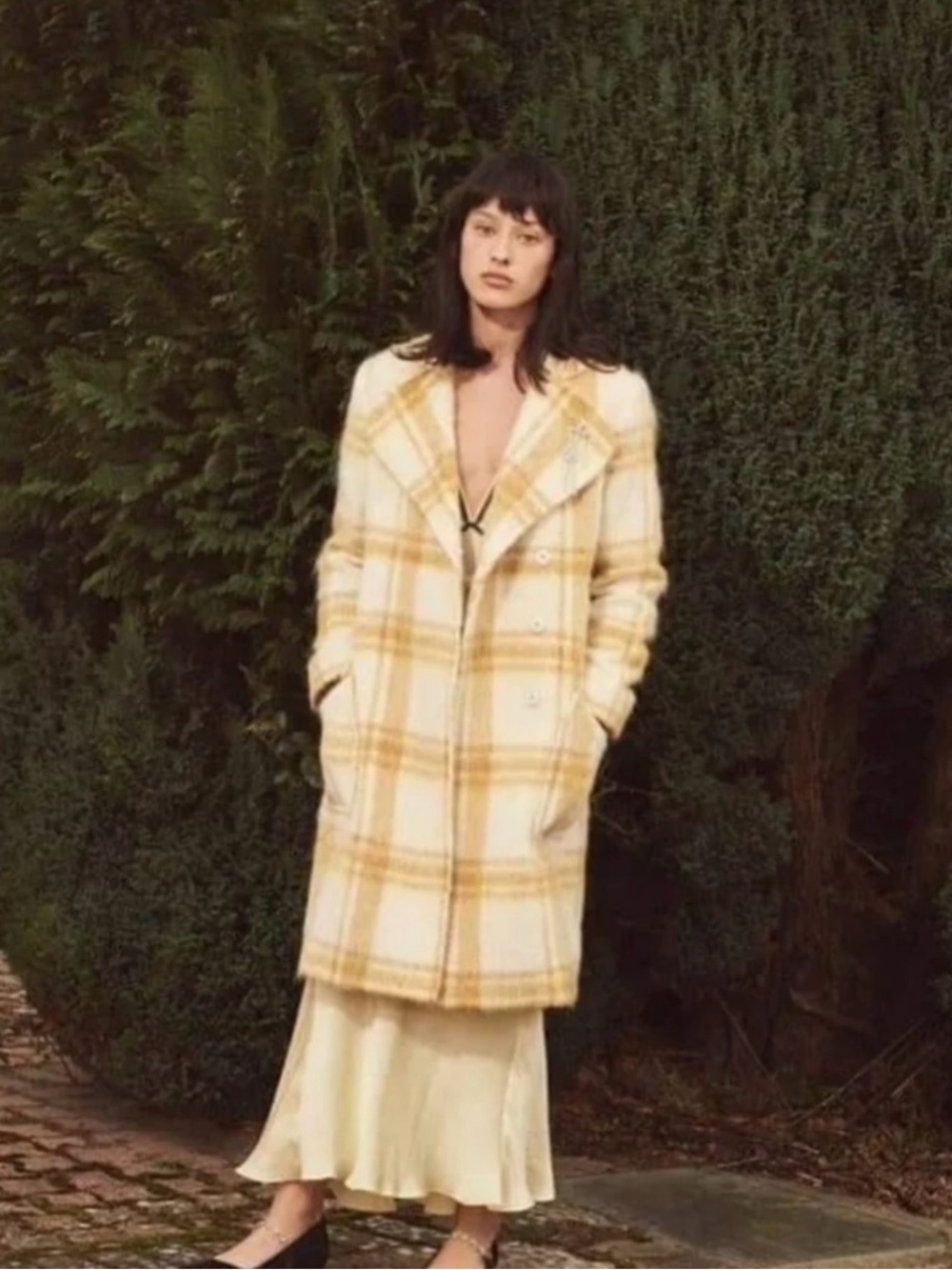 Rare Alexa Chung Mustard Yellow Wool Mohair Alpaca Plaid Trench Coat w/ Belt
